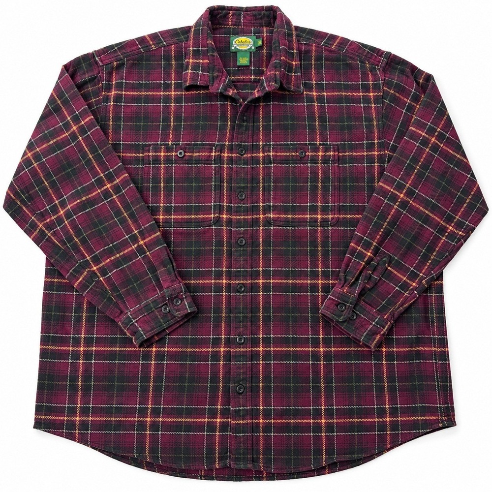 Cabela's Flannel Shirt Mens 2XL Tall Plaid Burgundy Cotton Button Down
